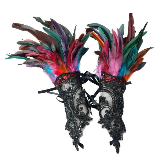 MEICHEN Fingerless Gloves for Women, Feather Decorative Gloves Carnival Party Masquerade Show Costume Accessories, Fall Winter Fashion Accessories