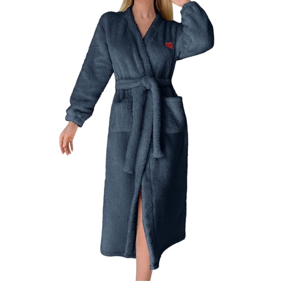 MEICHEN Flannel Robes for Women Ladies' Flannel Plush Heart Shaped Bathrobe with Pockets and Belted Bathrobe Women's Robes