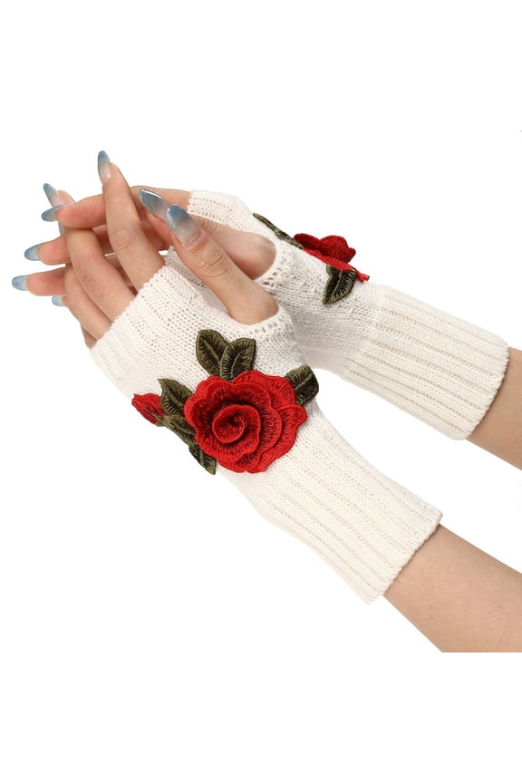 Gloves for Pretty Women Fashion Ladies Warm Knit Fingerless Gloves Convertible Mittens Fashion Flowers Winter Accessories Red