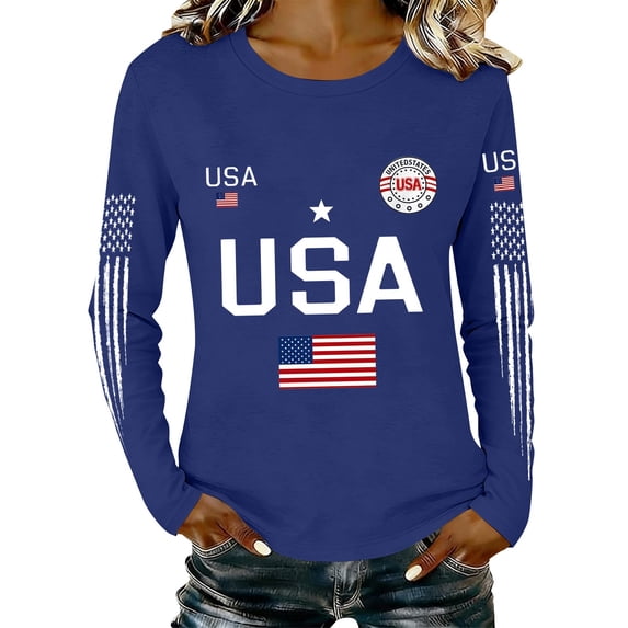 MEICHEN Graphic Tees for Women Lady 250th Special Pattern Round Neck Casual Comfortable Daily Long Sleeved T Shirt