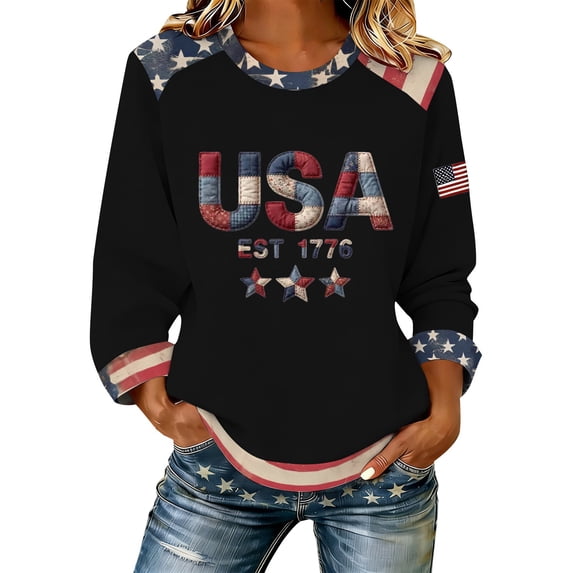 MEICHEN Graphic Tees for Women Usa 250th Anniversary Freedom Print Loose Blouse 1776-2026 Top Round Neck Long Sleeve T Shirt
