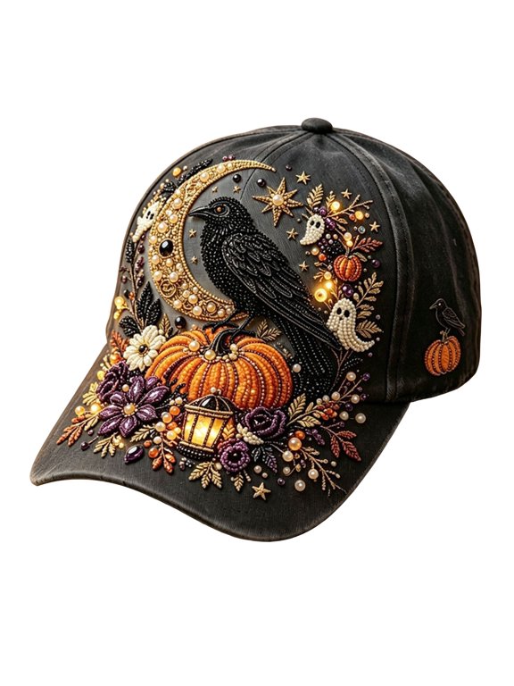 Halloween Baseball Cap for Women Vintage Gothic Trucker Hat Pumpkin Moon Crow Ghost Print Sun Hat Party Essentials Accessory Visor Hat
