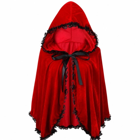 MEICHEN Halloween Solid Color Hooded Cloak for Women Classic Vintage Lace Trim Cape Dress Up Party Accessories