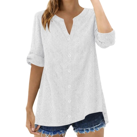 MEICHEN Keyhole Neck Button Down Shirts for Women Fashion Solid Color Casual Loose Rolled Sleeve Tops Women's Blouses