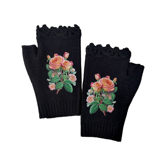 MEICHEN Knitted Half Finger Gloves for Women Fashion Winter Warm Gloces Rose Print Fingerless Gloves for Running Cycling Hiking
