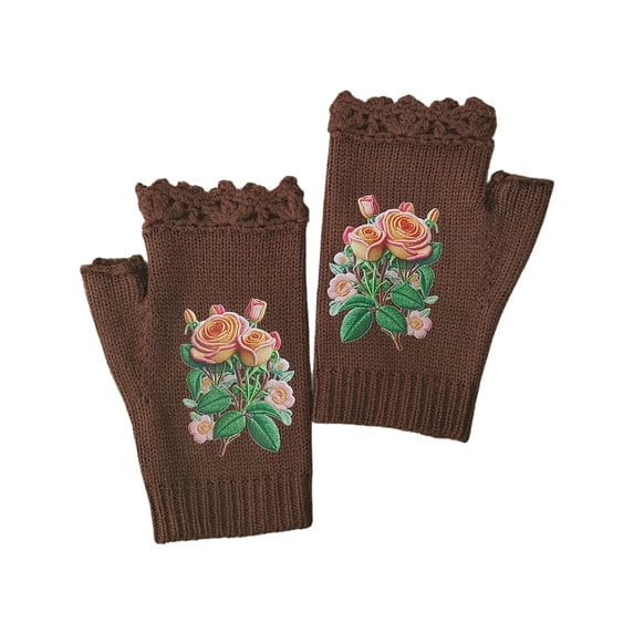 MEICHEN Knitted Half Finger Gloves for Women Fashion Winter Warm Gloces Rose Print Fingerless Gloves for Running Cycling Hiking