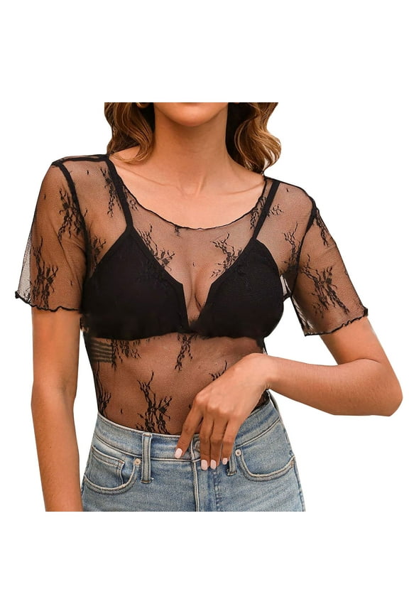 Lace Long Sleeve Top for Women Mesh Layering Top Mock Neck Floral See Through Tops Summer Essentials Fall Fashion Clothes