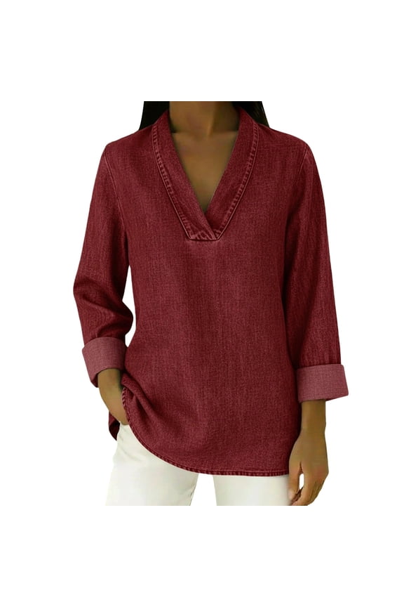 Ladies' Solid Color Loose Nine Sixth Sleeve Retro Comfortable Neck Long Sleeve Denim Like Shirt Long Sleeve Denim Like