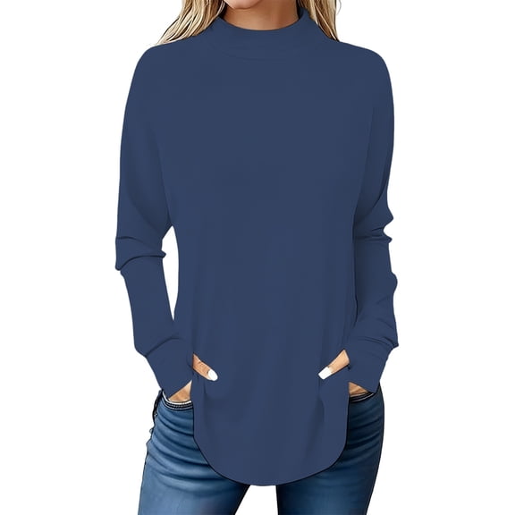 MEICHEN Long Sleeve Shirts for Women Plain Knitted Pullover Blouse Women's Solid Color Casual Loose Fall Tops Round Neck Mitten-Cuff Sleeve Shirt Womens Blouses