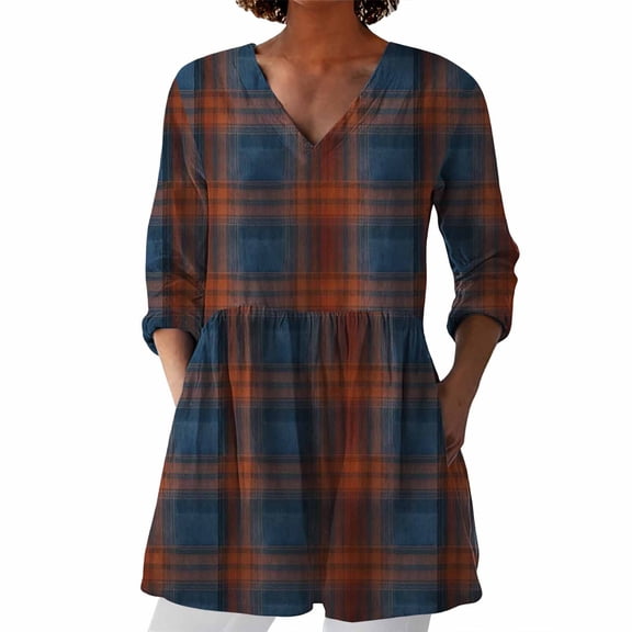 MEICHEN Long Sleeve Shirts for Women Elegant Retro Plaid Patchwork Blouse Long Sleeve Deep V Neck Shirt with Front Pocket Womens Blouses