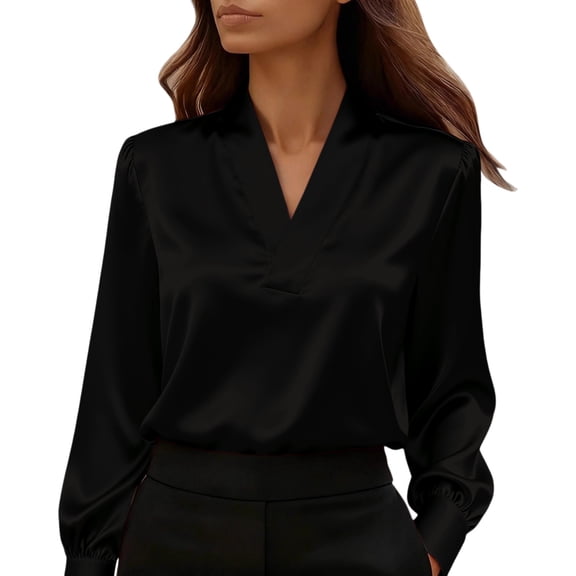 MEICHEN Long Sleeve Shirts for Women Graceful Delicate Satin Blouses Solid Color V Neck Casual Bussiness Shirts Fall Outfits Tops Blouses for Women