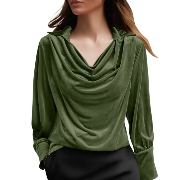 MEICHEN Long Sleeve Shirts for Women Personalized Elegant Retro Cowl Neck Solid Velvet Shirt‌ Long Sleeve V Neck Ruched Blouse Top Womens Blouses