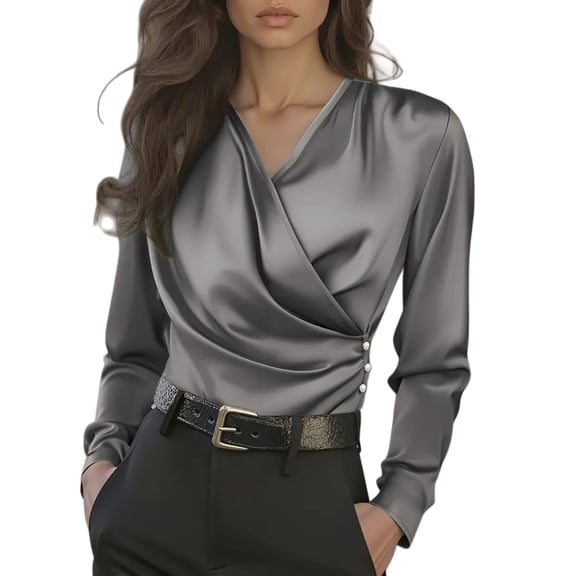 MEICHEN Long Sleeve Tops for Women Plain Elegant Satin Blouses French Style Luxury V-neck Slim Fit Long Sleeve Shirts Tops with Side Buttons Blouses for Women
