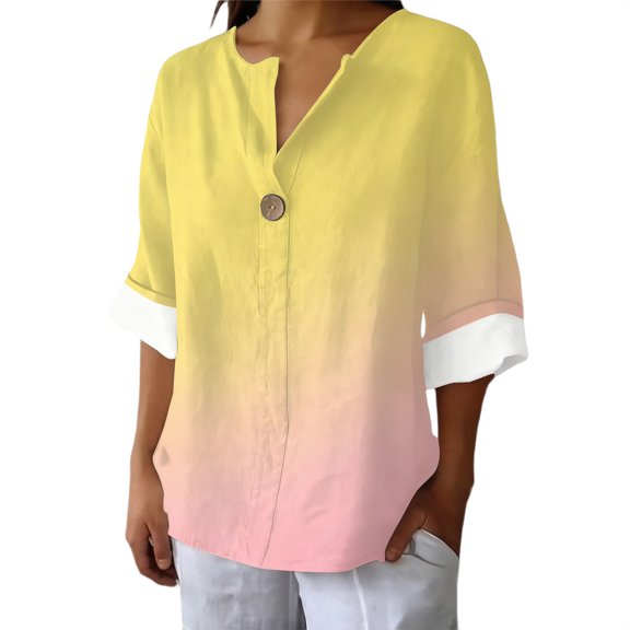 MEICHEN Long Sleeve Tops for Women Linen Shirt for Women Summer V Neck 3/4 Sleeve Boho Blouse Loose Gradient Holiday Beach Top Womens Tops