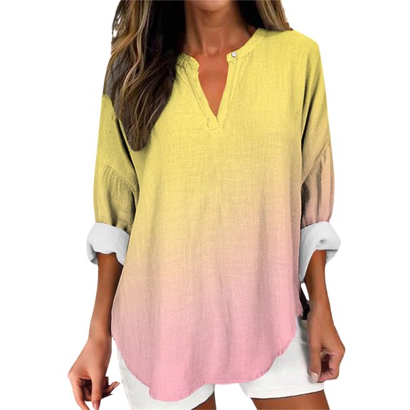 MEICHEN Long Sleeve Tops for Women Trendy Gradient Rolled Sleeve Shirt Spring Casual Keyhole Neck Boho Blouse Top Womens Tops