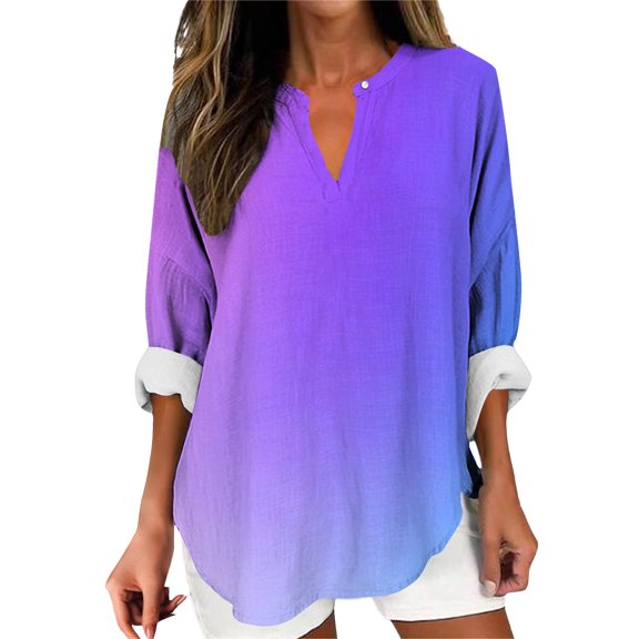 MEICHEN Long Sleeve Tops for Women Trendy Gradient Rolled Sleeve Shirt Spring Casual Keyhole Neck Boho Blouse Top Womens Tops