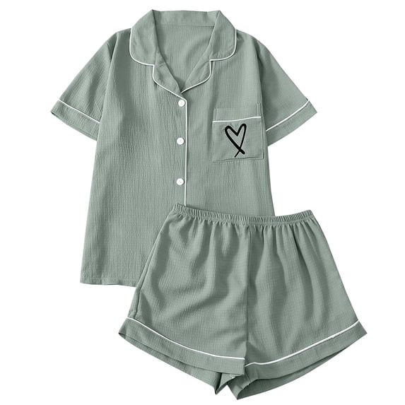 MEICHEN Lounge Set for Women 2 Piece Pajama Set for Women Heart Print Button Short Sleeve Shirt Matching Shorts Set Summer Cute Sets Women's Essentials Fashion Sleepwear