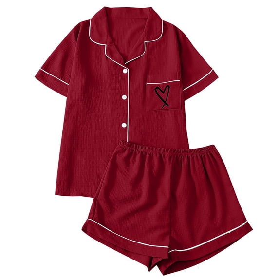 MEICHEN Lounge Set for Women 2 Piece Pajama Set for Women Heart Print Button Short Sleeve Shirt Matching Shorts Set Summer Cute Sets Women's Essentials Fashion Sleepwear