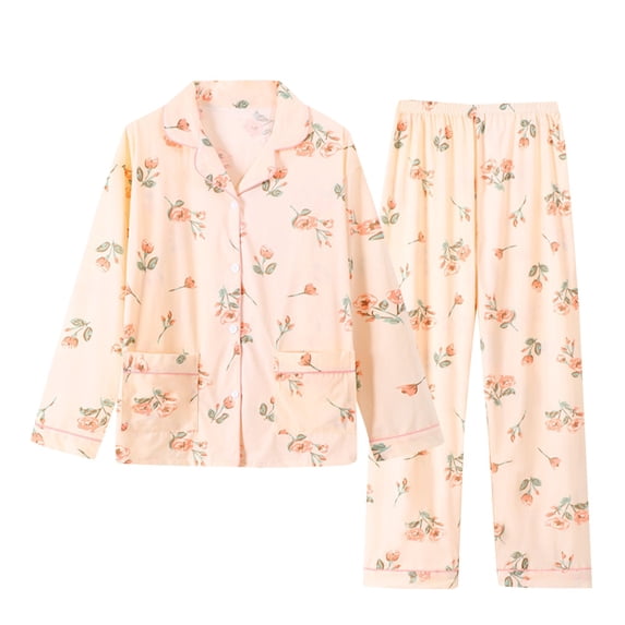 MEICHEN Lounge Set for Women Flower Mom Loose Plus Size Home Clothes Casual Cotton Imitation Long Sleeved Pajamas Two Piece Set Summer Essentials Fashion Sleepwear
