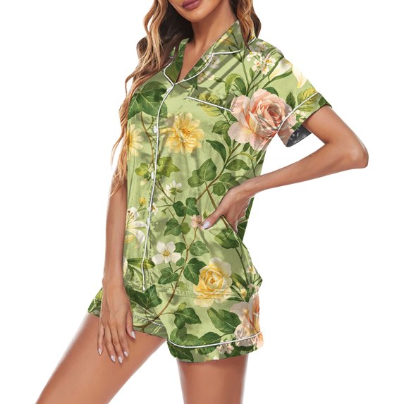 MEICHEN Lounge Set for Women Satin Pajamas Set Button Down 2 Piece Shorts Set Lingerie Notch Collar Sleepwear Summer Essentials Fashion Sleepwear