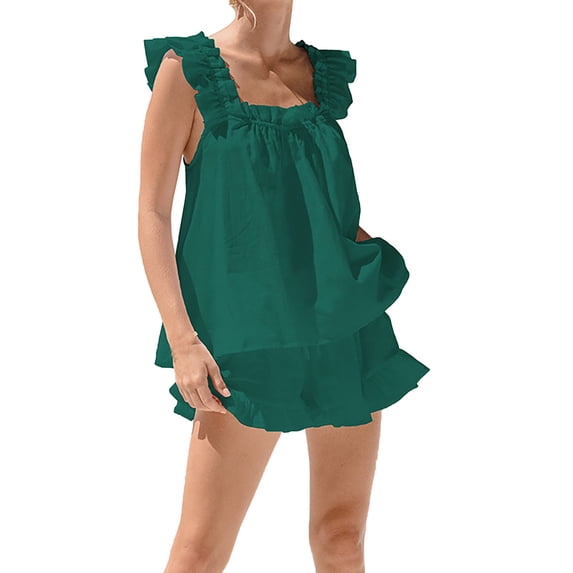MEICHEN Lounge Set for Women Women 2 Shorts Set Ruffle Strap Tank Top Elastic Waist Wide Leg Shorts Pajama Set Summer Essentials Fashion Sleepwear