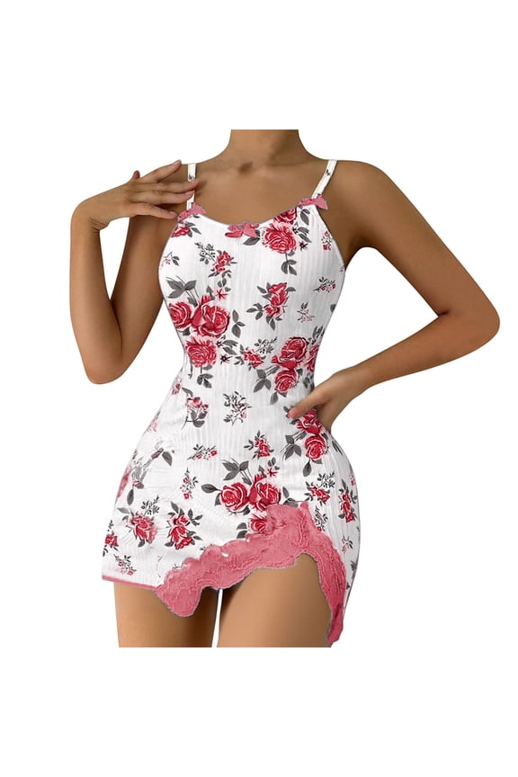 Night Gowns for Women Valentine's Day Satin Nightgown Lace Trim Sleep Dress V Neck Chemise Nightwear Lingerie Pajama Dress Women's Sleep Dress
