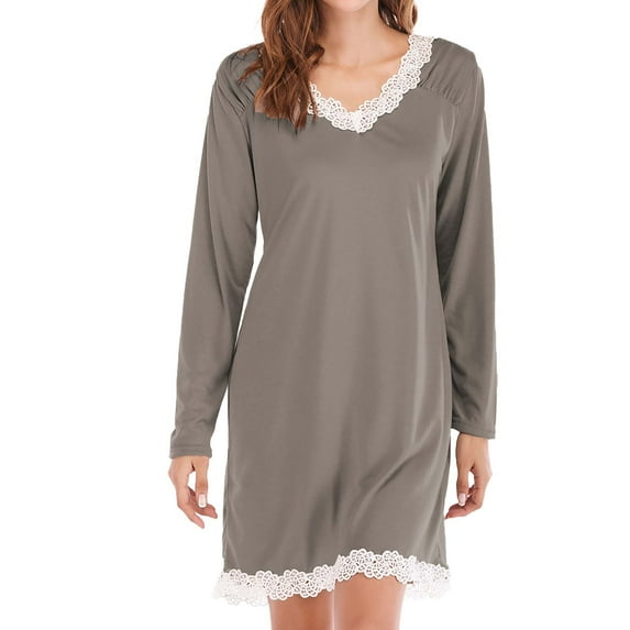 MEICHEN Night Gowns for Women Womens Long Sleeve Nightgowns V Neck Sleepshirts Lace Nightshirts Casual T Shirt Sleep Dress With Women's Sleep Dress