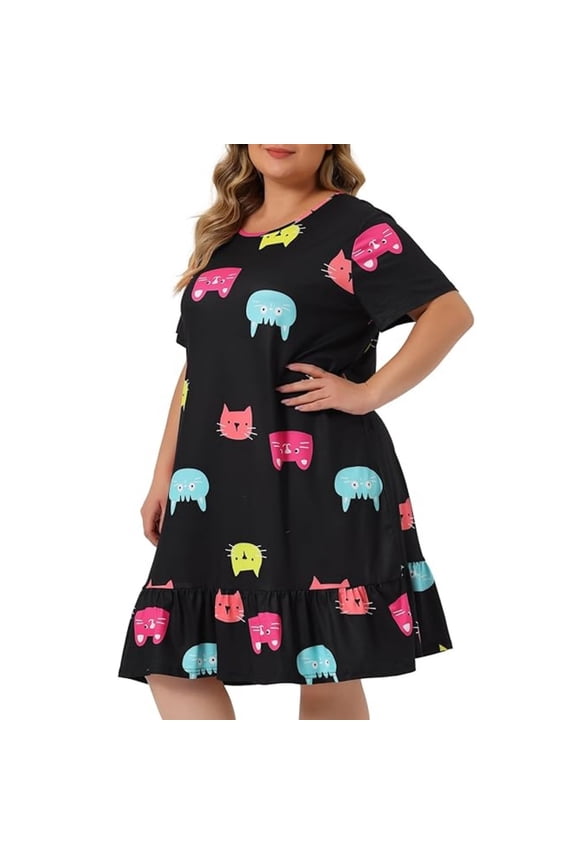 Nightgowns for Women Women's Plus Size Nightdress Short Sleeve Comfy Cat Sleepdress Women's Sleep Dress