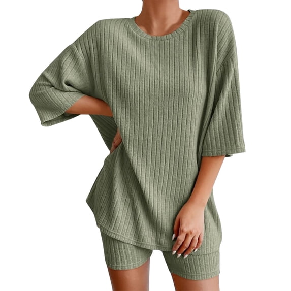 MEICHEN Pajamas Set for Women 2 Sets Ribbed Knit Pajamas Matching Outfits T Shirt Biker Shorts Sleepwear Sweatsuits Womens Loungewear