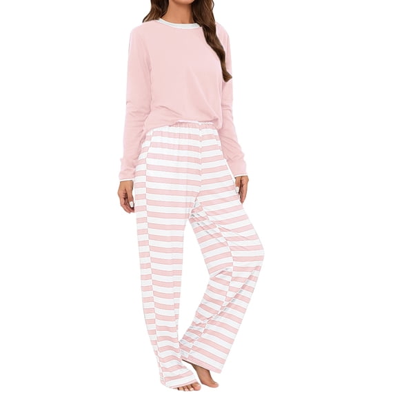 MEICHEN Pajamas Set for Women Ladies' Round Neck Long Sleeve Top Striped Printed Long Pants and Set Womens Loungewear