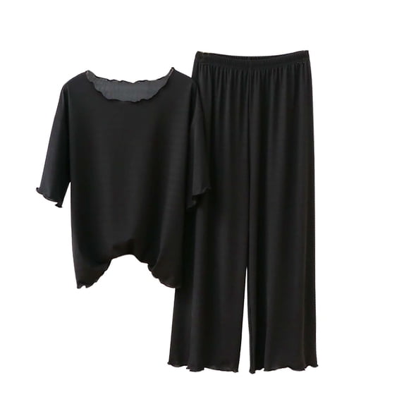 MEICHEN Pajamas Set for Women Solid Color Short Sleeve Pajamas Sets Ruffle Sleeve Sleepshirts and Wide Leg Pants Womens Loungewear