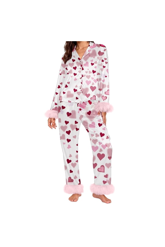 Pajamas Set for Women Valentine's Day Pajamas Set Heart Print Satin Trim Long Sleeve Shirt Pants Set Womens Sleepwear