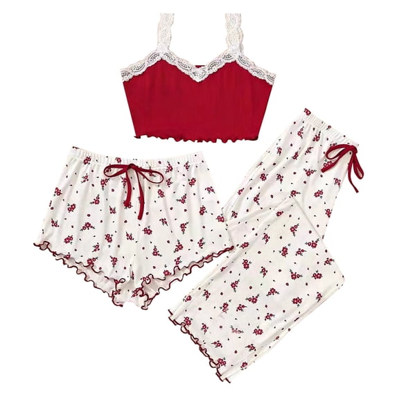 MEICHEN Pajamas Set for Women Women's 3 Pieces Pajamas Heart Print Shorts Pants Pj Sets Sleepwear Womens Loungewear