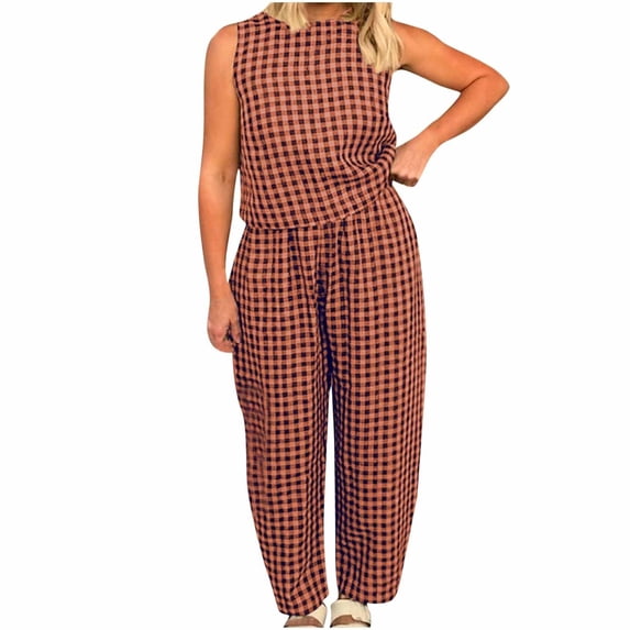 MEICHEN Pajamas for Women Set Striped 2 Piece Pants Sets Y2k Gingham Outfits Sleeveless Tank Top and Wide Leg Barrel Pants Suits Summer Essentials Fashion Sleepwear