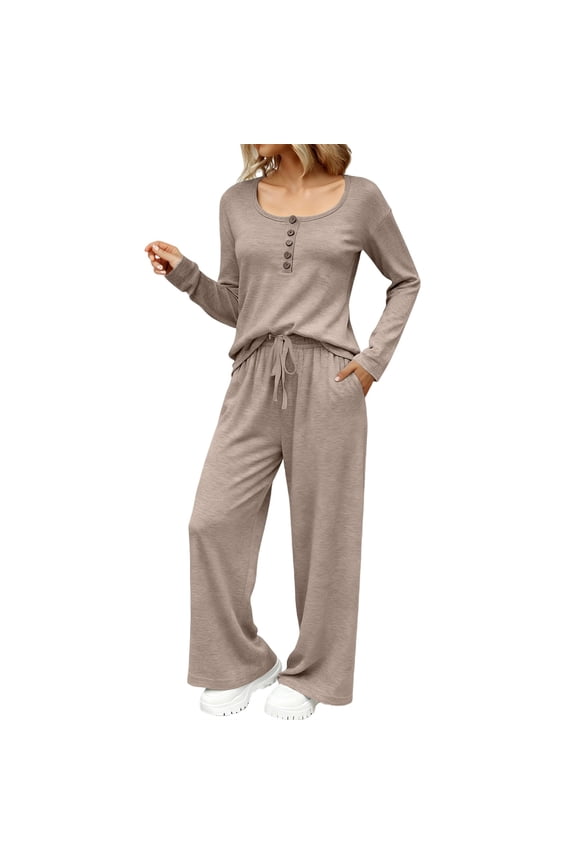 Pajamas for Women Set Women's 2 Piece Set Long Sleeve Mock Neck Shirt and Wide Leg Pants Sets Casual Loose Fit 2 Piece Outfit Womens Sleepwear