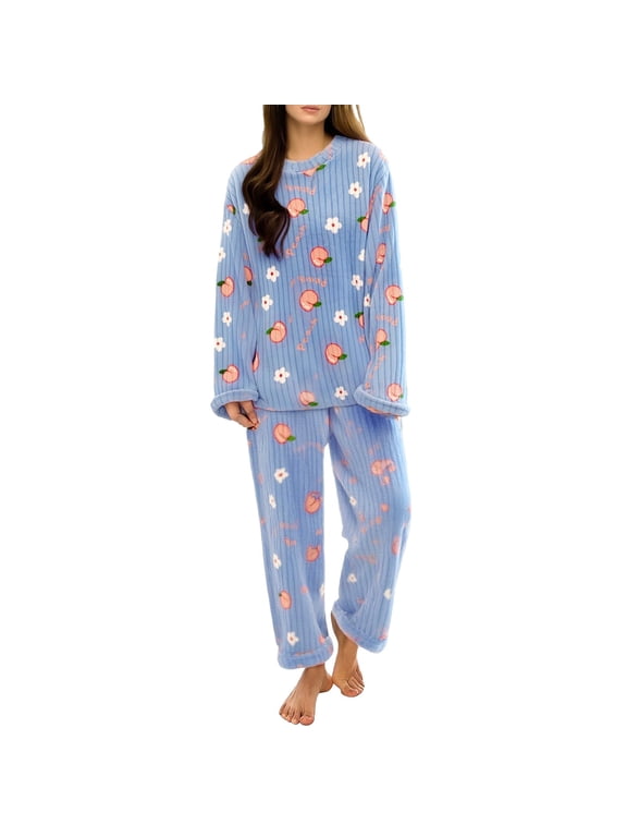 Pajamas for Women Set Women's Winter Coral Fleece Pajama Set Thickened Flannel Warm Loungewear Soft Cozy Crew Neck Sleepwear Suit Women's Sleepwear