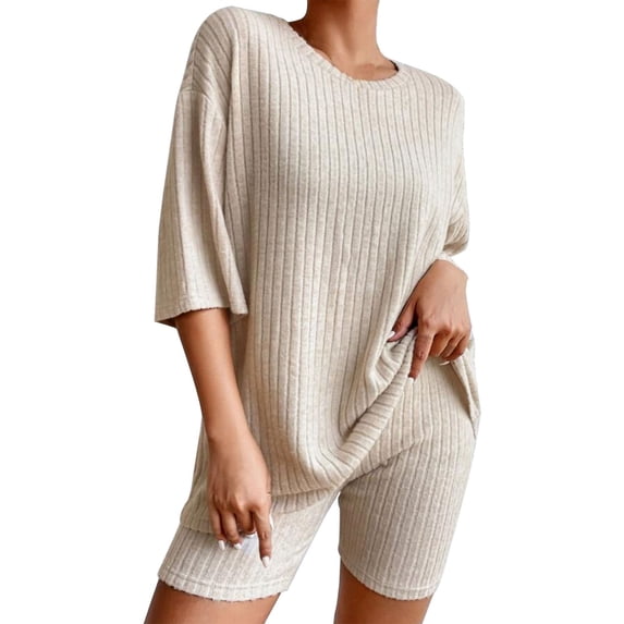 MEICHEN Pajamas for Women Set 2 Sets Ribbed Knit Pajamas Matching Outfits T Shirt Biker Shorts Sleepwear Sweatsuits Women's Sleepwear