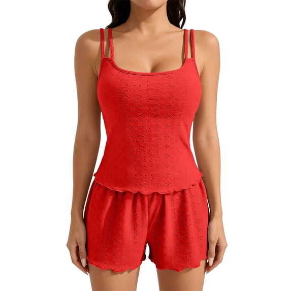 MEICHEN Pajamas for Women Set Double Strap Square Neck Cutout Two Piece Set Camisole + Loose Shorts Ensemble Womens Sleepwear