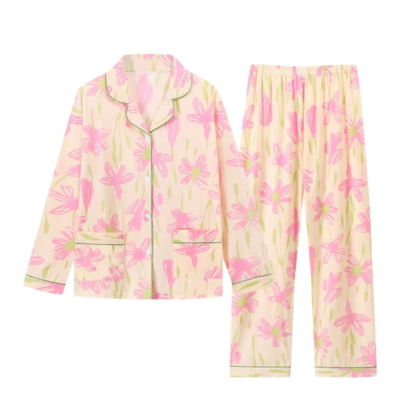 MEICHEN Pajamas for Women Set Flower Mom Loose Plus Size Home Clothes Casual Cotton Imitation Long Sleeved Pajamas Two Piece Set Womens Loungewear
