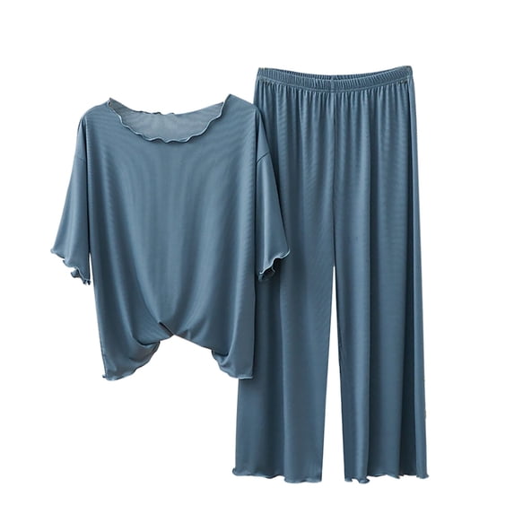 MEICHEN Pajamas for Women Set Solid Color Short Sleeve Pajamas Sets Ruffle Sleeve Sleepshirts and Wide Leg Pants Women's Sleepwear