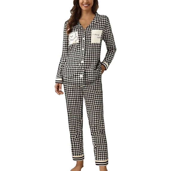 MEICHEN Pajamas for Women Set Women Casual Lapel Button Print Two Piece Long Sleeve Pajamas Pajamas Suit Women's Sleepwear