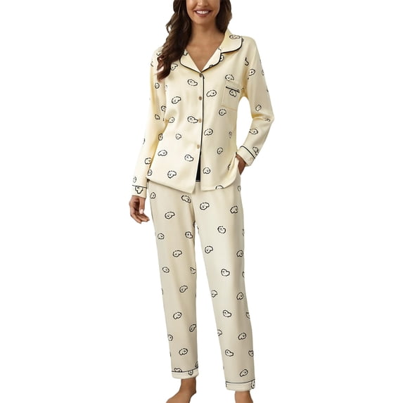 MEICHEN Pajamas for Women Set Women Casual Lapel Button Print Two Piece Long Sleeve Pajamas Pajamas Suit Women's Sleepwear