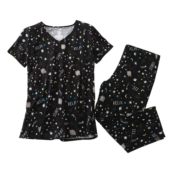 MEICHEN Pajamas for Women Set Women's Cotton Pajama Set Cute 2 Piece Set Comfy Summer V Neck Short Sleeve Shirt Capri Sleepwear Womens Sleepwear