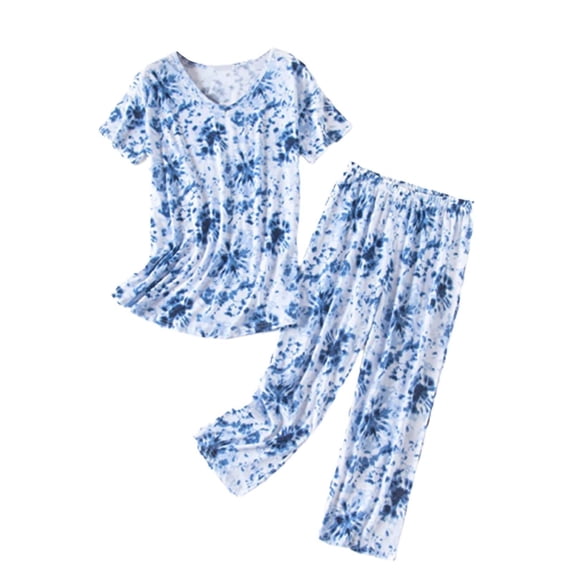 MEICHEN Pajamas for Women Summer Round Neck Suit Pajamas Short Sleeve Long Pants Womens Sleepwear