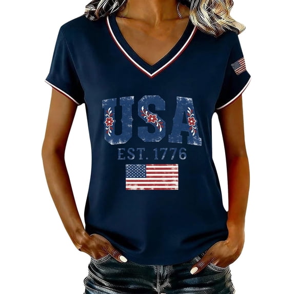 MEICHEN Patriotic Grphic Tee Top for Women 250th Anniversary America Flag Print V Neck T Shirt 1776-2026 Summer Short Sleeved Blouse