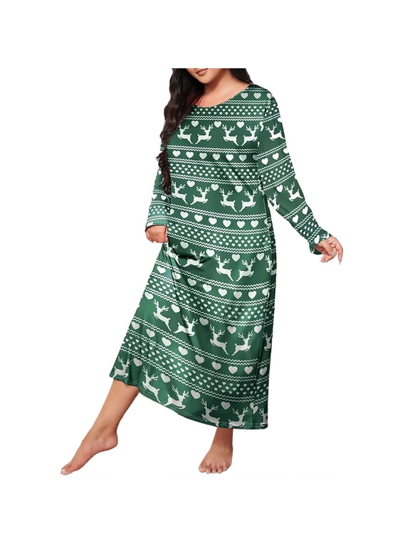 Plus Size Casual Sleep Dress Women's Christmas Print Long Sleeve Nightdress Round Neck Stretch Loose Nightgowns for Women