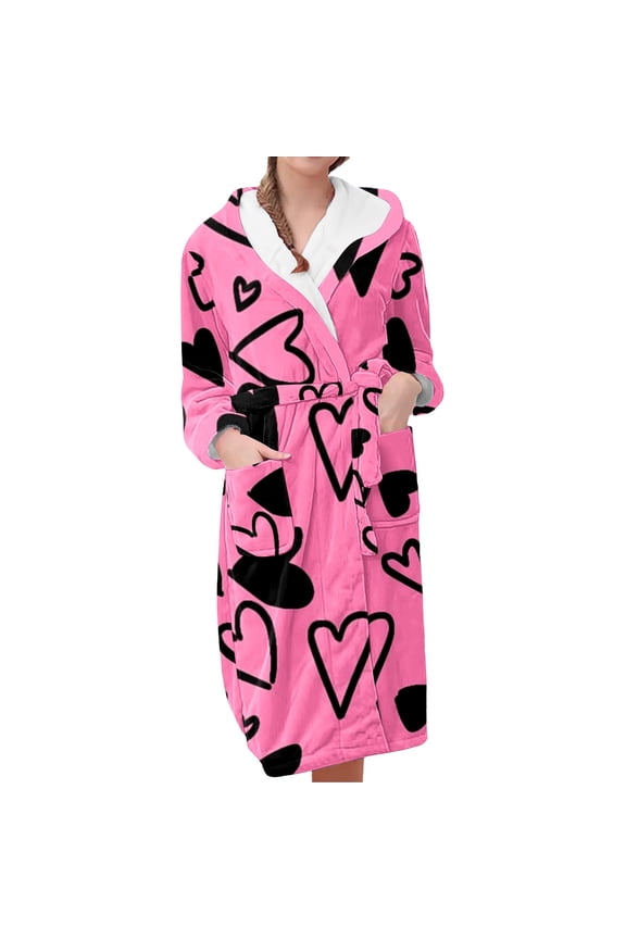 Plush Bathrobes for Women Valentine's Day Fleece Plush Robe Long Warm Plush Bathrobe Loungewear Jacket Printed Comfort Robe Women's Robes