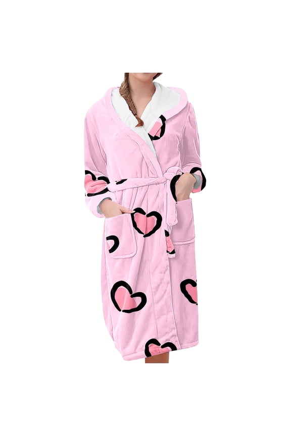 Plush Bathrobes for Women Valentine's Day Fleece Plush Robe Long Warm Plush Bathrobe Loungewear Jacket Printed Comfort Robe Womens Robes