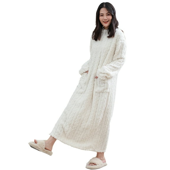 MEICHEN Plush Robes for Women Loose Thickened Autumn and Winter Loungewear Plain Coral Fleece Nightgown Warm Long Sleeved Pajamas with Extended Length Womens Robes