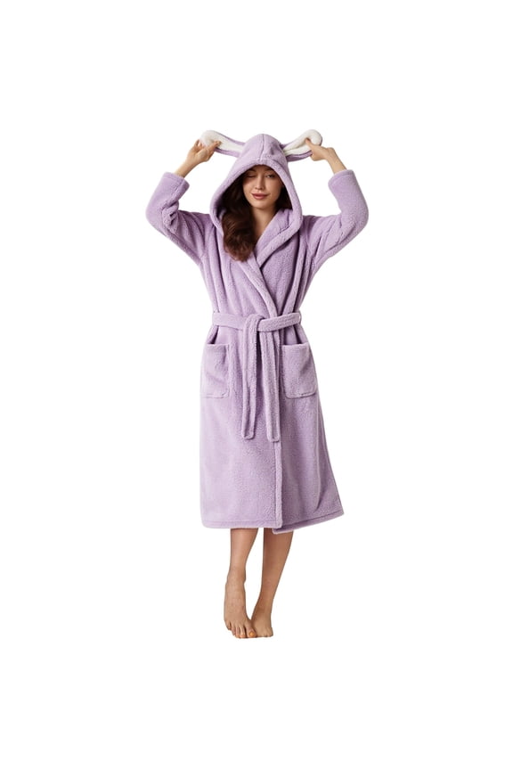 Plush Robes for Women Bathrobe for Women Cute Bow Fuzzy Robe Hooded Bathrobe Collared Plush Fleece Robe with Belt Loungewear Womens Robes